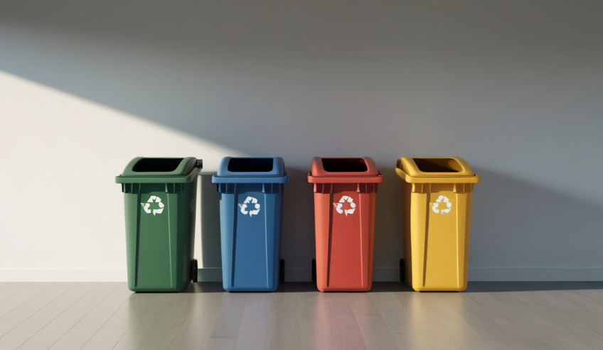 Color coded different type of recycling bins