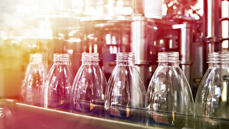 PET bottles on assembly line