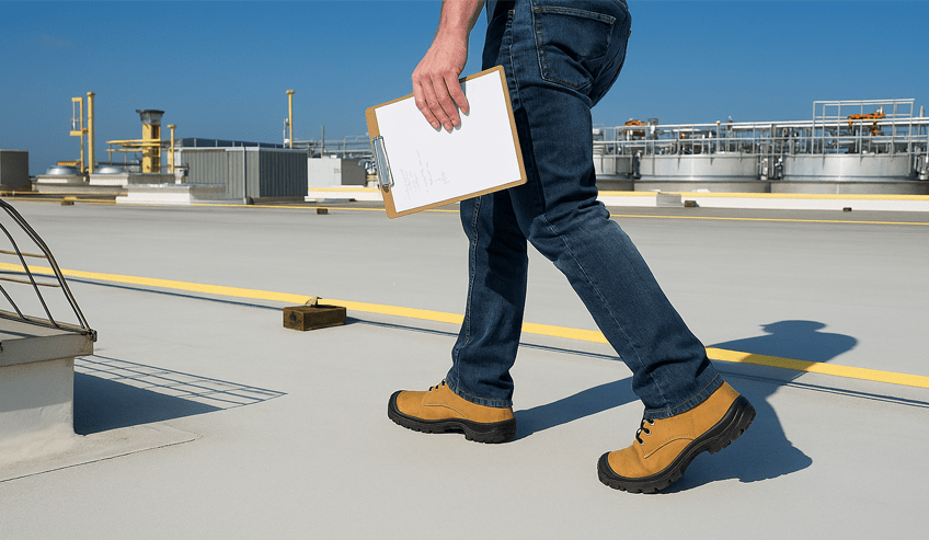 Person with notebook walking on the roof