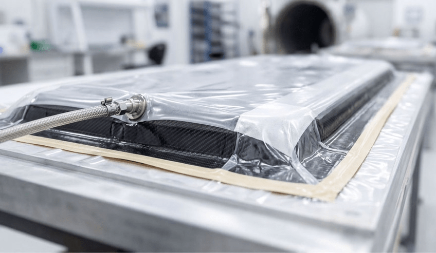 Carbon fiber composite part undergoing a vacuum infusion