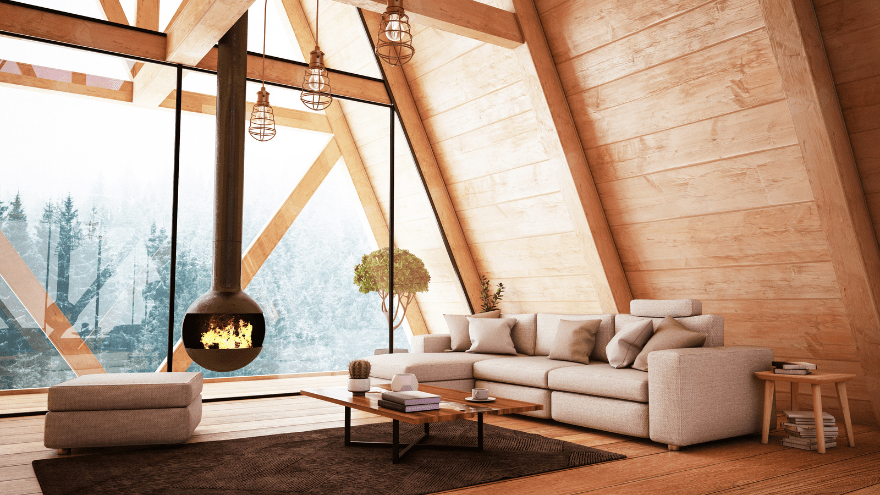 Hanging fireplace in glass wooden cottage